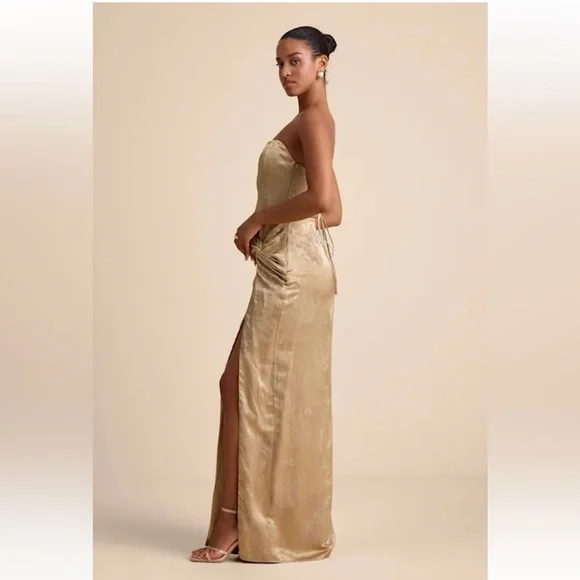 NWOT Lulus Whitney Gold Jacquard Strapless Twist-Front Maxi Dress - Picture 4 of 7